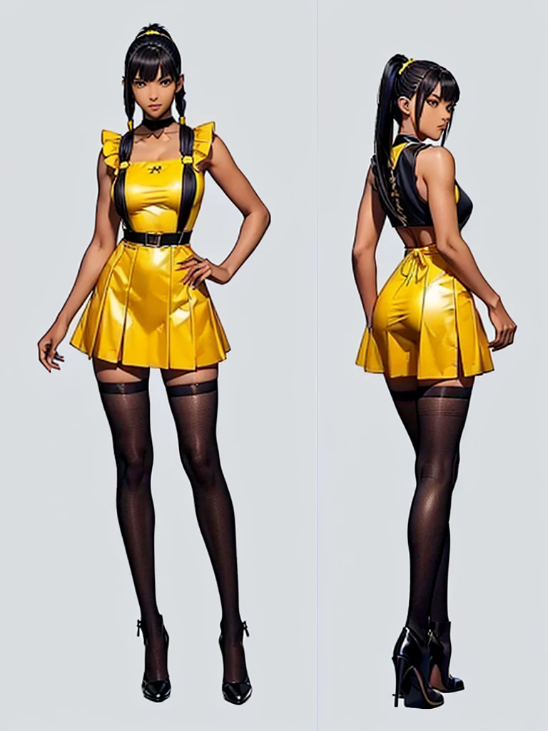 ((best quality)), ((4k)), ((highres)), ((masterpiece:1.2)). ((detailed)), ((ultra realistic)), ((intricate details)), ((full body picture)), ((character design sheet)), ((blank background)), ((standing in a blank background)), full body shot of a beautiful black female, ebony beauty, woman, 18 years old girl, dark brown skin, red lips, about 5'5 ft. tall, red lips, smirk on her face, ((smirking)), long curly black hair, ((long curly hair)), long hair, high pigtails, (((high pigtails)), dressed in a yellow sleeveless babydoll dress, ((EMPHASIS ON HER YELLOW SLEEVELESS BABYDOLL DRESS)), black leather belt on her waist, bare legs, yellow school girl HIGH SOCKS AND school girl BLACK SHOES, fighting game character design, tekken character design, the king of fighters character concept art, character concept art, full body, 18 years old female fighter, girly girl, cute girl, girly fighter character concept art