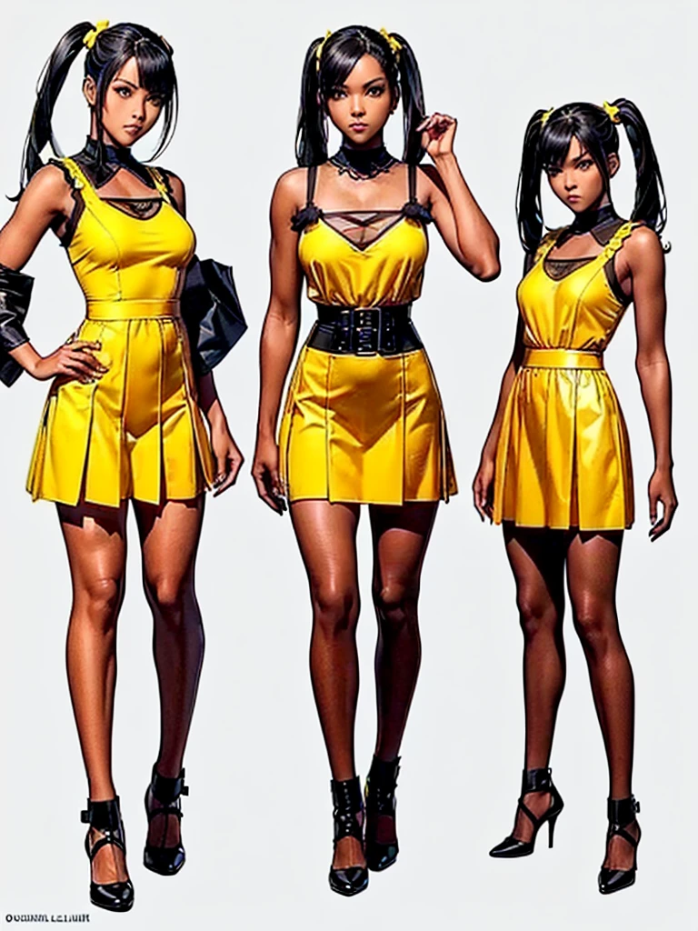 ((best quality)), ((4k)), ((highres)), ((masterpiece:1.2)). ((detailed)), ((ultra realistic)), ((intricate details)), ((full body picture)), ((character design sheet)), ((blank background)), ((standing in a blank background)), full body shot of a beautiful black female, ebony beauty, woman, 18 years old girl, dark brown skin, red lips, about 5'5 ft. tall, red lips, smirk on her face, ((smirking)), long curly black hair, ((long curly hair)), long hair, high pigtails, (((high pigtails)), dressed in a yellow sleeveless babydoll dress, ((EMPHASIS ON HER YELLOW SLEEVELESS BABYDOLL DRESS)), black leather belt on her waist, bare legs, yellow school girl HIGH SOCKS AND school girl BLACK SHOES, fighting game character design, tekken character design, the king of fighters character concept art, character concept art, full body, 18 years old female fighter, girly girl, cute girl, girly fighter character concept art