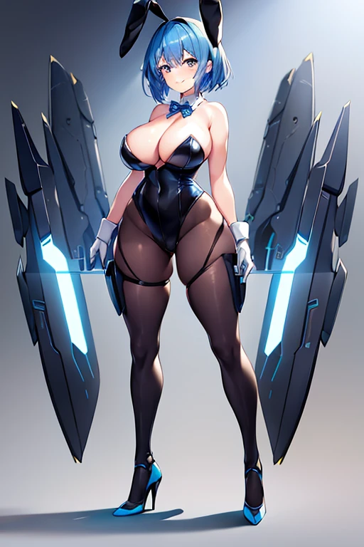 1girl, blue hair, large breasts, bunny ears, rabbit ears, wide hips, bodysuit, black bodysuit, short hair, very short hair, science-fiction, tech, futuristic, machinery, full body, ((full body)), smile, light smile, robot girl, drone, high heels