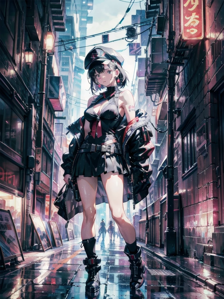 absurdres, RAW photo, extremely delicate and beautiful, masterpiece, Best Quality, ultra high resolution, 32k, hyperrealistic, ultra-detailed, perfect anatomy, super Detailed skin, Super Beauty, perfect figure, Perfect Style, Perfect balance, Very detailed CG 8k wallpaper, in her 20s, very small head, very small face, delicate facial features, tearful mole, earring, very huge breasts, bare legs, full body shot, medium hair, black hair, cyberpunk fashion, waistcoat, blouse, hat, boots, short skirt, bare shoulder,