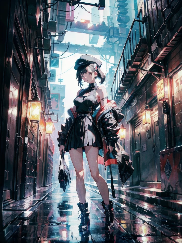 absurdres, RAW photo, extremely delicate and beautiful, masterpiece, Best Quality, ultra high resolution, 32k, hyperrealistic, ultra-detailed, perfect anatomy, super Detailed skin, Super Beauty, perfect figure, Perfect Style, Perfect balance, Very detailed CG 8k wallpaper, in her 20s, very small head, very small face, delicate facial features, tearful mole, earring, very huge breasts, bare legs, full body shot, medium hair, black hair, cyberpunk fashion, waistcoat, blouse, hat, boots, short skirt, bare shoulder,