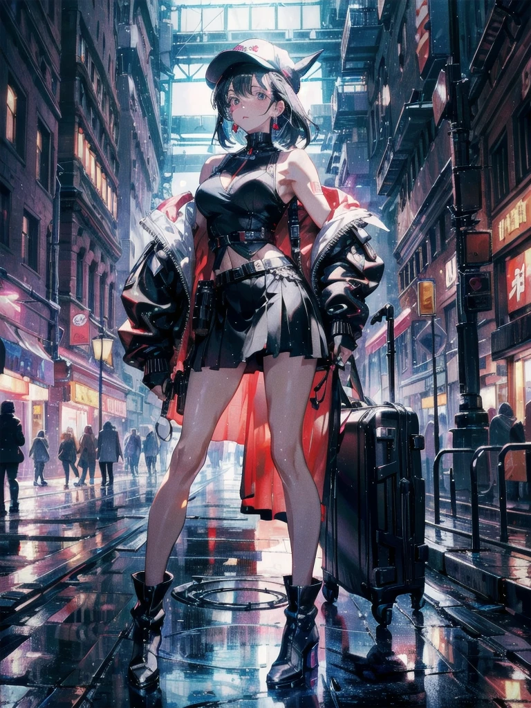 absurdres, RAW photo, extremely delicate and beautiful, masterpiece, Best Quality, ultra high resolution, 32k, hyperrealistic, ultra-detailed, perfect anatomy, super Detailed skin, Super Beauty, perfect figure, Perfect Style, Perfect balance, Very detailed CG 8k wallpaper, in her 20s, very small head, very small face, delicate facial features, tearful mole, earring, very huge breasts, bare legs, full body shot, medium hair, black hair, cyberpunk fashion, waistcoat, blouse, hat, boots, short skirt, bare shoulder,