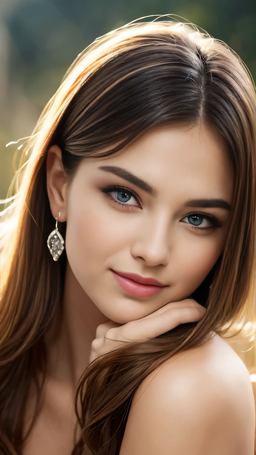 Beautiful, Detailed face, Beautiful woman, Stunning eyes, Juicy lips, Gorgeous girl, Soft lighting, Bright colours, Upper body, High resolution, Romantic atmosphere, Dreamy background, Elegant pose, Subtle details, Earrings, Flawless skin, Seductive expression, Charming smile, Visual art aesthetic,. masterstroke, oil painting style, gallery-worthy, out-of-this-world beauty, flash, diffused light