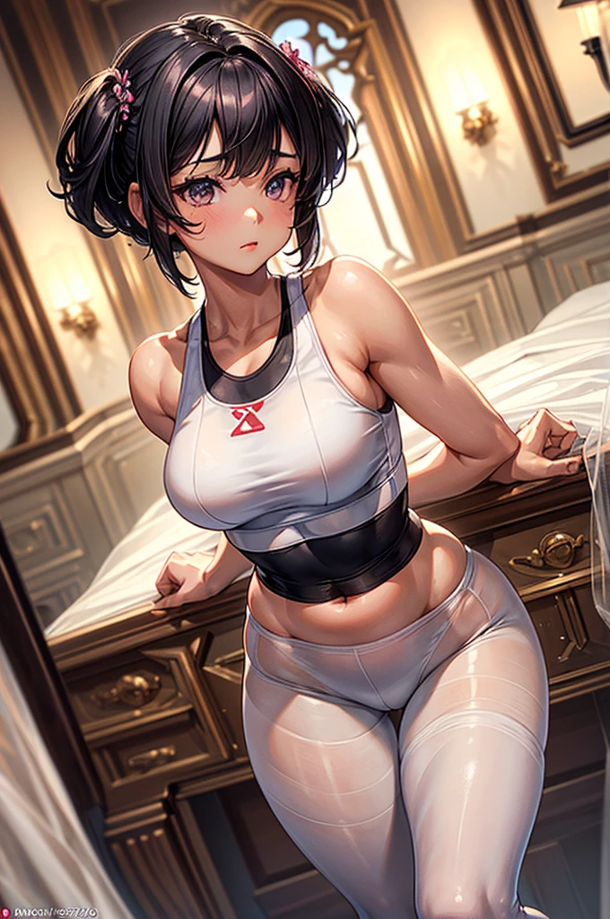 ((highest quality)),(ultra high resolution),(Super detailed),(detailed description),((best CG)),(best work of art),super precision art, great drawing art,(Art with precise details:1.5), (sleeveless sports bra with sheer waist high plain style pantyhose 1 woman:1.5), beautiful and well-shaped face:1.5,(Beautiful skin with precise and detailed depiction:1.6),(:1.5),provocative angle:1.6,gorgeous, beautiful young age girl, 13 yghtly tanned white skin, short shoulder length hair, sleek dark violet-black hair, Pixie cut hair, big round velvet colored eyes, fringe bangs over forehead, oval shaped face, sharp facial features, high-bridged nose, full cherry pink lips. medium height(172cm). D-cup breasts, small narrow waist. small delicate curvy hips, smooth silky thick thighs, large round ass, hourglass figure, slim yet plump thick build, standing upright, full body picture, hip-level shot. classy and opulent bedroom setting