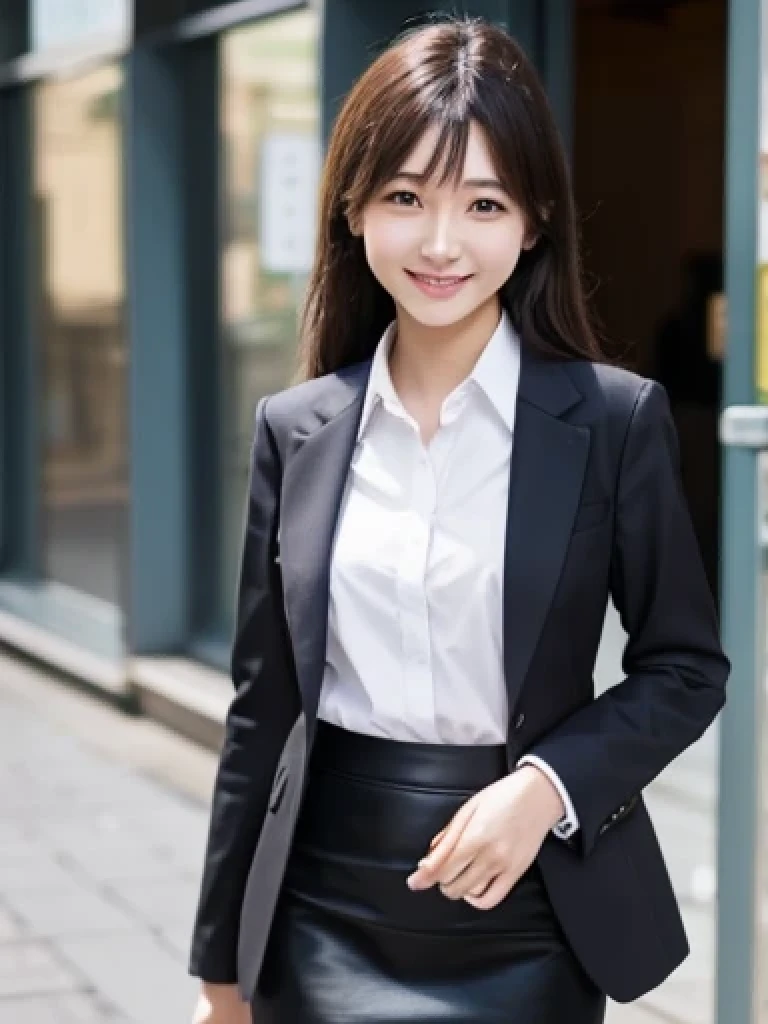 Japanese、18 year old girl、Very slim、((Smiling))、business suit、Business district、mini skirt