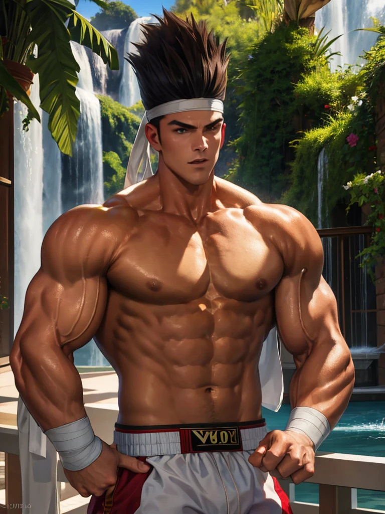 25-year-old man, alone, athletic, muscular, tall hair, white band on his forehead, no shirt, wears white bandages that cover almost the entire forearm, wears red shorts, looks seriously at the viewer, muay thai position, cinematic, focus ultra sharp, award winning photography, perfect contrast, high sharpness, depth of field, ultra detailed photography, global illumination, fluid, ultra high definition, 8k, Unreal Engine 5, ultra sharp focus, award winning photography, art season trends,