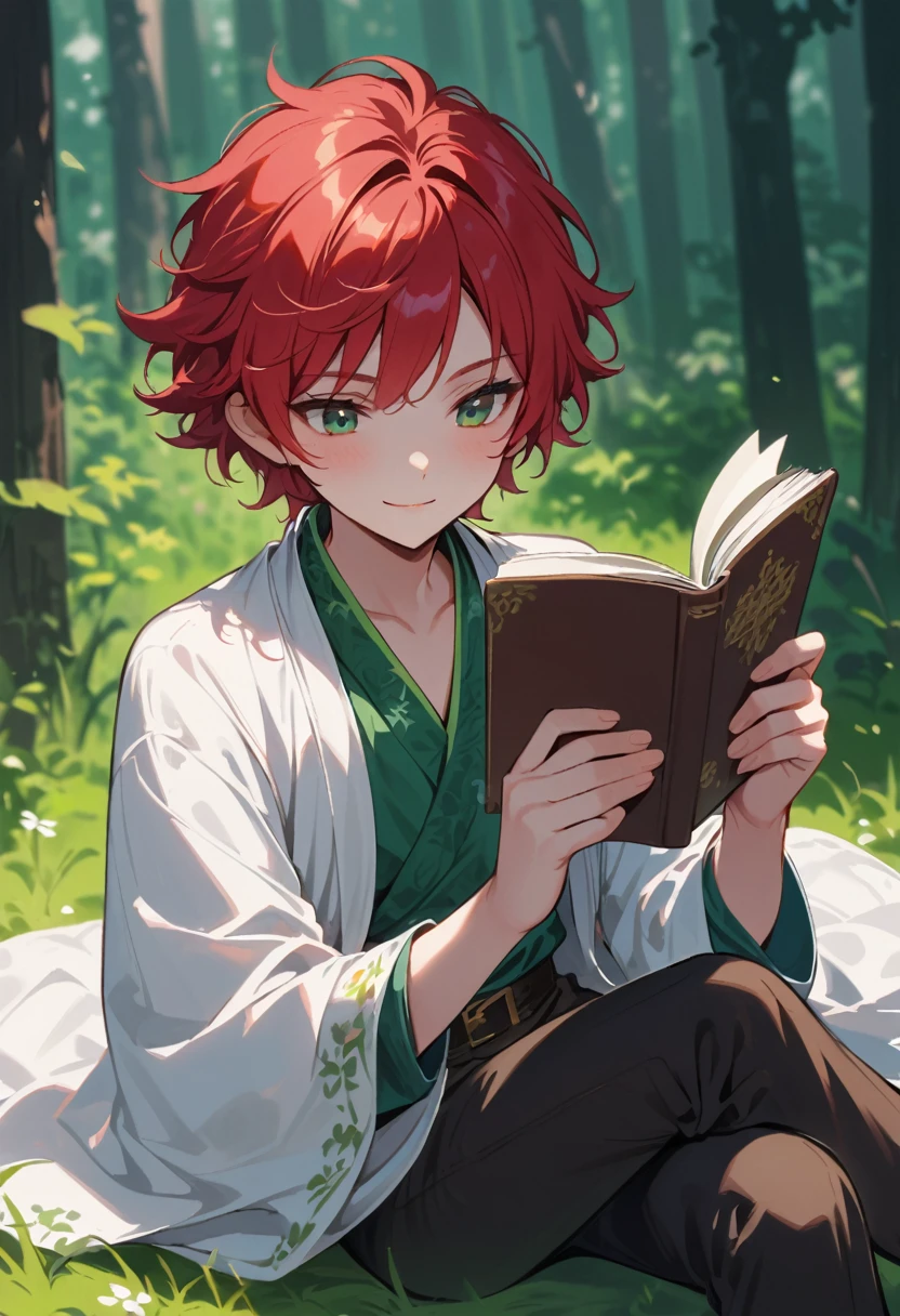 young boy, naughty man, reading alone, lying on the grass in a lush green forest, tall and slim, youthful face, Red hair, greeneyes, skin fair, has a simple smile, cross legs, reading a brown book, has white clothes and used brown pants