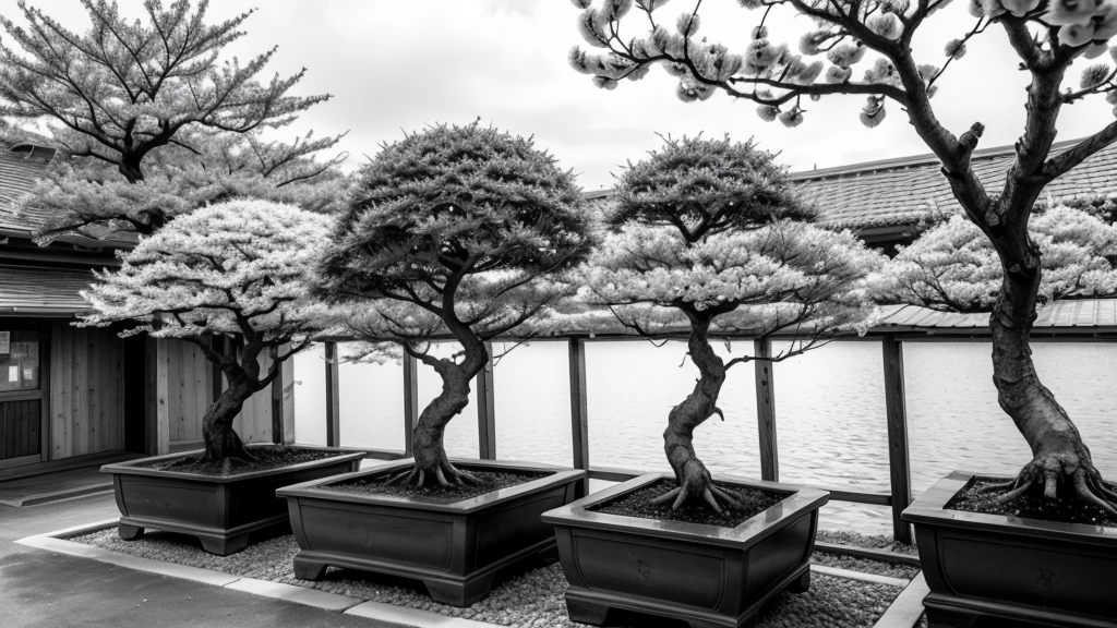 bonsai, cherry trees in natural vegetation in free nature in black and white