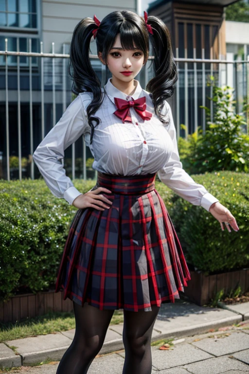 LingX,black hair,twintails,brown eyes,hair ornament, pantyhose (insanely detailed, masterpiece, best quality),solo, steam , rain , plaid skirt , pleated skirt , Tight shirt , white Shirt , school girl , red bow , red knot ,