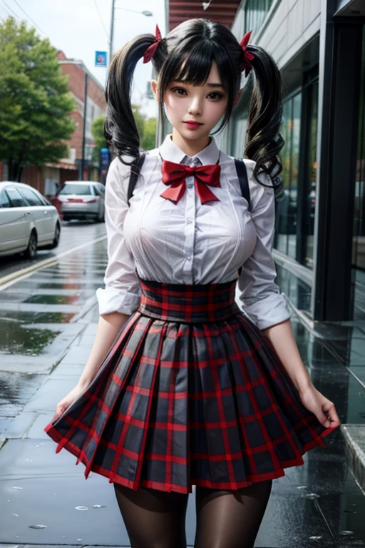 LingX,black hair,twintails,brown eyes,hair ornament, pantyhose (insanely detailed, masterpiece, best quality),solo, steam , rain , plaid skirt , pleated skirt , Tight shirt , white Shirt , school girl , red bow , red knot ,