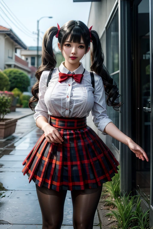 LingX,black hair,twintails,brown eyes,hair ornament, pantyhose (insanely detailed, masterpiece, best quality),solo, steam , rain , plaid skirt , pleated skirt , Tight shirt , white Shirt , school girl , red bow , red knot ,