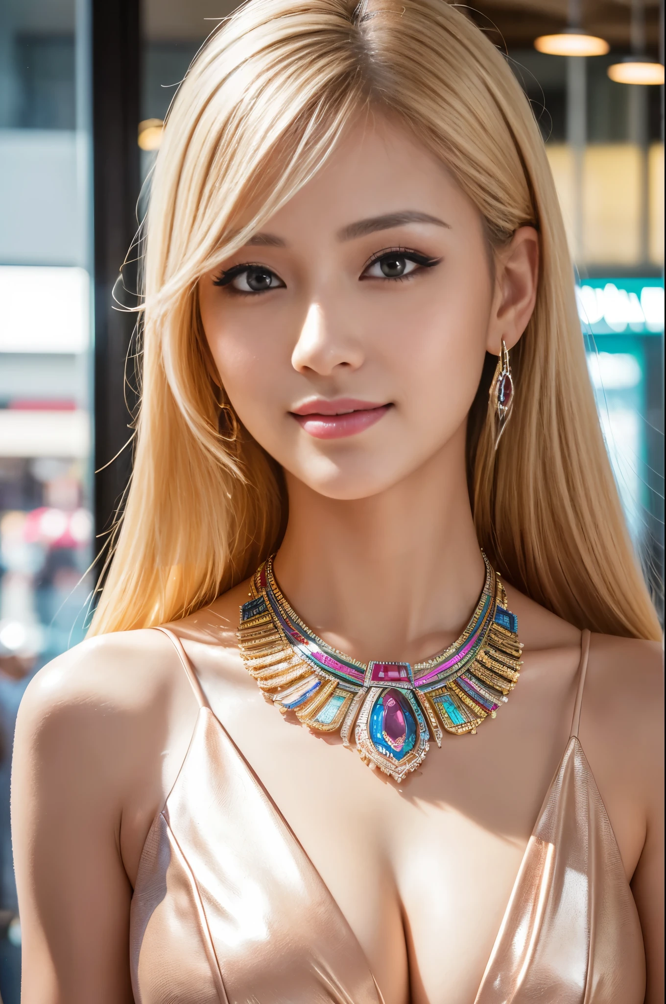 (masterpiece:1.4), (best quality:1.4), ultra high res, ultra high resolution, ((detailed facial features)), HDR, (realistic, photorealistic, photo-realistic:1.37), closeup,   Thai woman, ( smile), long lashes, beautiful makeup, platinum blonde hair, fair skin, slender figure, elegant posture, wearing large sparkling colorful jewelery, wearing a business style leather dress, standing in a large shopping mall, gentle sunlight shining through the shopping mall windows, casting a soft glow on her face, adding warmth to the scene, vibrant colors, capturing the essence of vibrant city life, portrait style, showcasing her natural beauty and grace in a feminine way