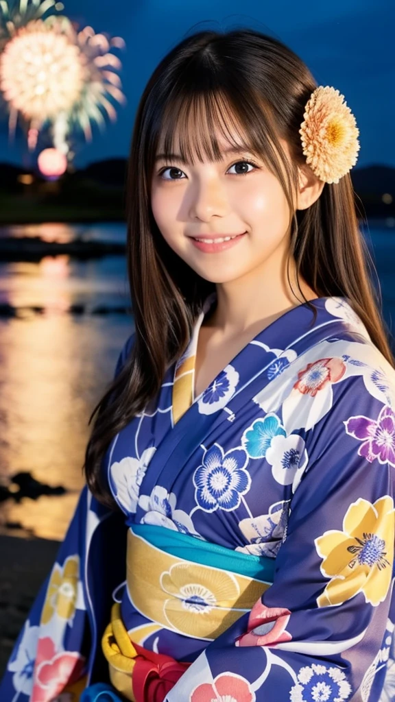 smile、high school girl、yukata、With fireworks in the background、Beautiful night view、