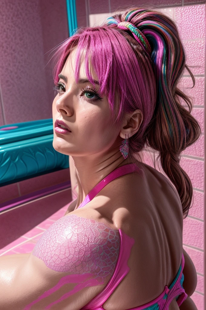 80s movie poster, artegerm, de seios grandes, wearing hot pink bikini, hyperdetailed, airbrush, deep multicolored,16K resolution, complex, colorfully, psychedelic, meticulous, ethereal,3D rendering,symmetrical face, iridescente, Ablaze, Provocative, sensuous, Breasts huge, greasy skin, whole body, cores neon Ablazes, Hot pink tile bathroom, saturated colors