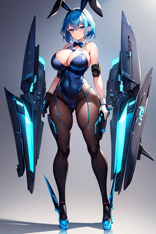 1girl, blue hair, large breasts, bunny ears, rabbit ears, wide hips, bodysuit, black bodysuit, short hair, very short hair, science-fiction, tech, futuristic, machinery, full body, ((full body)), smile, light smile, robot girl, drone, high heels