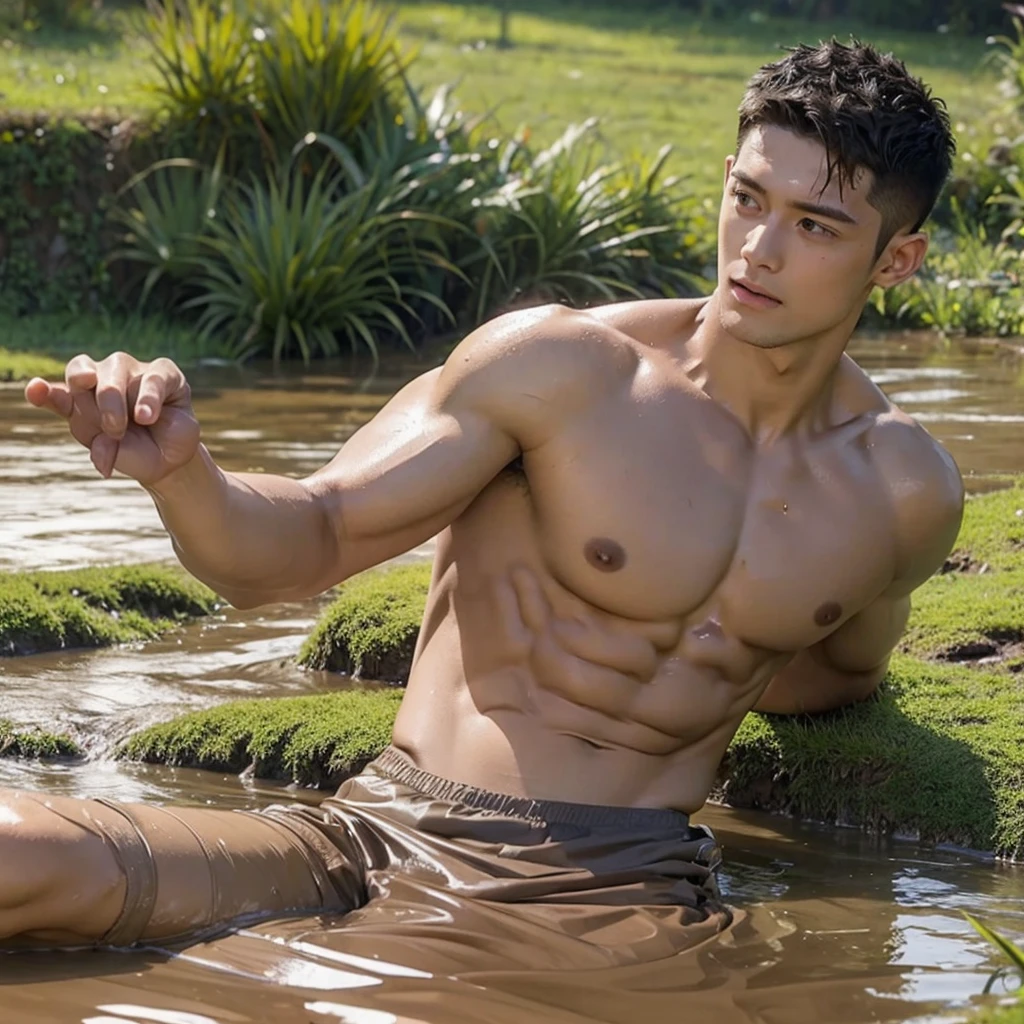photorealistic,shirtless muscular man, wet body for highlights , half body in mud pit, struggling posture,