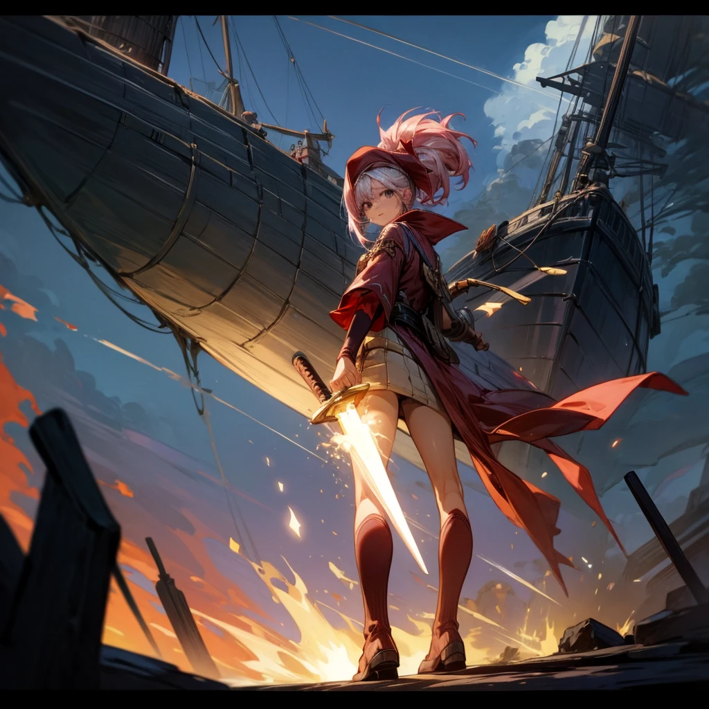 1girl, Full body version, 1character, girl version, black eyes, long Curly haircut, pink colour hair, ancient pirate style clothing, red colour clothing, long boots, Grassroots, background in sea, motion blur, (Hunter x Hunter style), sword Gladius in hang, pirate hat, pirate robe, smoke effect, aura effect, blue lighting, lightning sword, low angle view, fire, with ship pirates, normal gesture