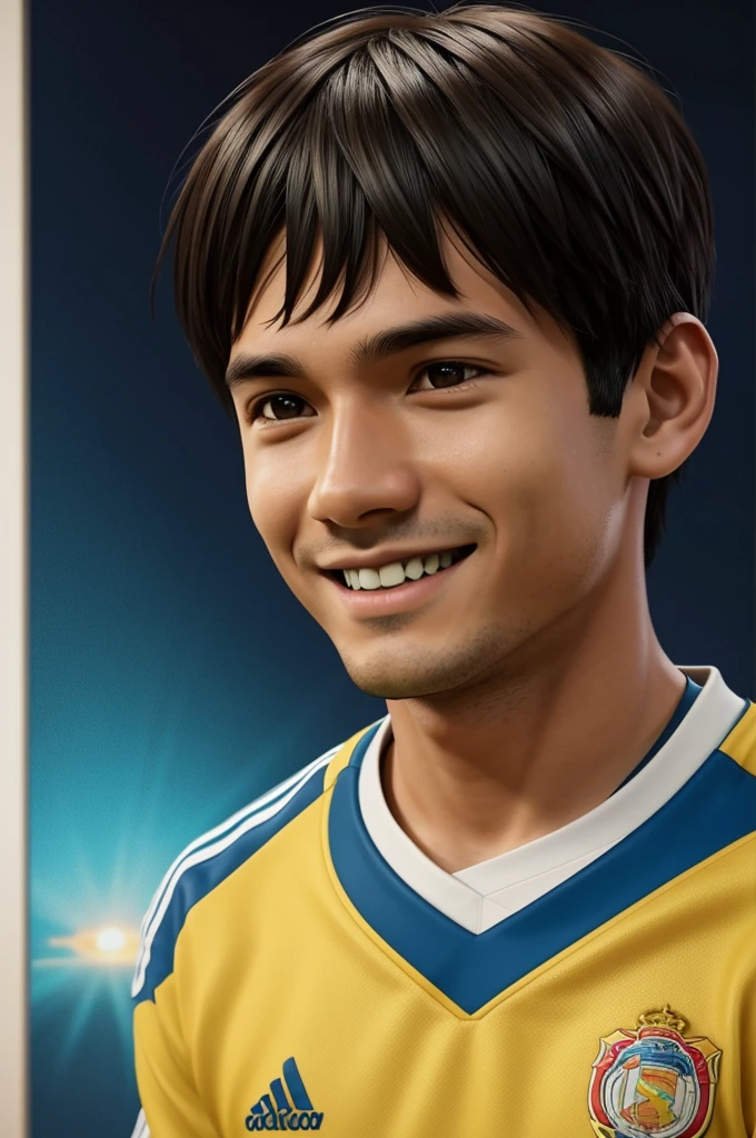 Boy from Colombia sitting in front of a television watching a soccer game., 3D realistic anime style, in the style of atey ghailan, 3d realistic style, ๐ช ๐จ;๐๐, ๐บ๐ฆ, ๐๐๐โบ๐๐๐, Official Fan Art, Official Fan Art, in the style of Disney animation, in the world cup, fan art with name Samuel number 10