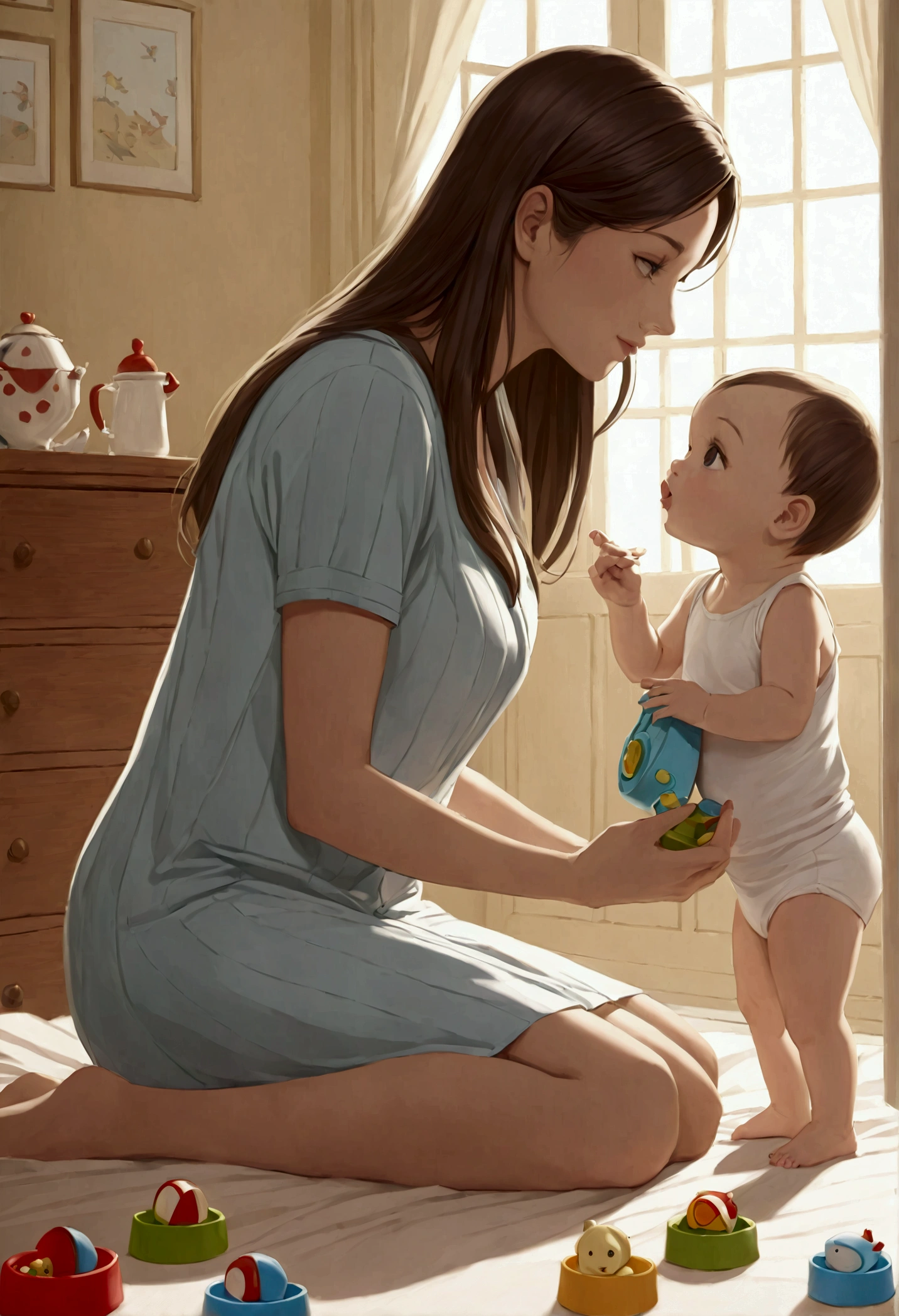 A white woman with medium brown hair tied in a bun in the bathtub pregnant, about to have your child through humanized childbirth By your side, your mother holding your hand giving you support