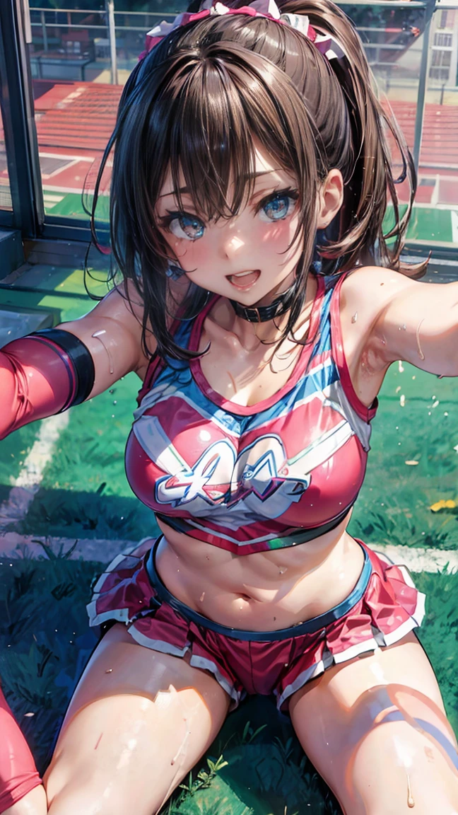 1 female,black hair,(()),(((white and blue sports bra and shorts)))(((blush、open mouth smile)),(((Yuki Mikan))),crowd(baby girl bohape)(((small breasts)))sexy pose,((wet with sweat))outdoor playground,Mansuji