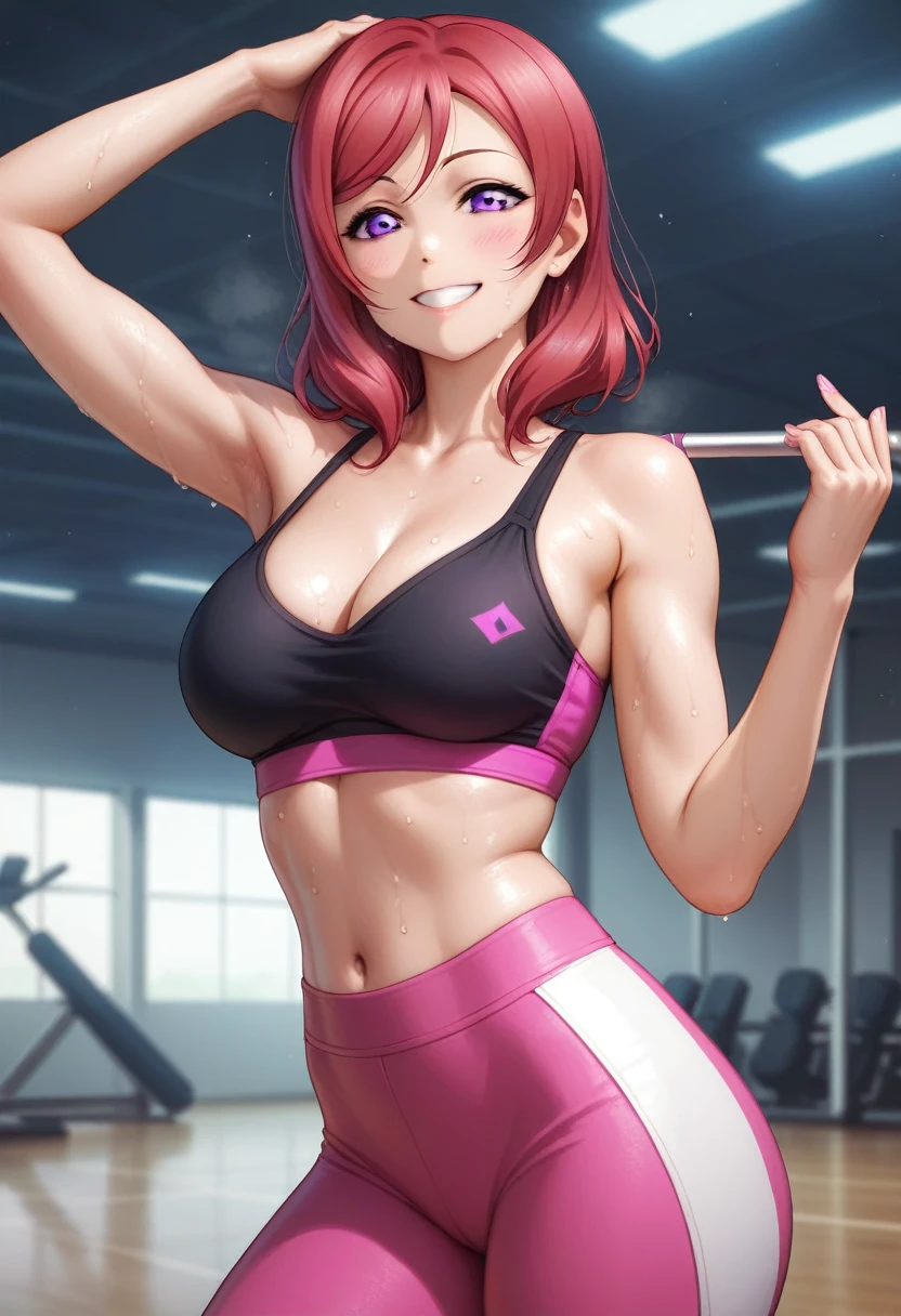 masterpiece, best quality, highres, nishikino maki,purple eyes,red hair, cowboy shot, pink skinny sweet pants, tight gym bra, sweating,sweat drops , slightly smile, (cleavage:0.7), thicc thighs, realistic art , curvy , sexual seduction, love live