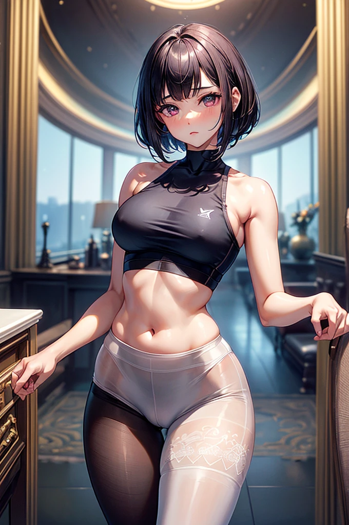 ((highest quality)),(ultra high resolution),(Super detailed),(detailed description),((best CG)),(best work of art),super precision art, great drawing art,(Art with precise details:1.5), (sleeveless sports bra with sheer waist high plain style pantyhose 1 woman:1.5), beautiful and well-shaped face:1.5,(Beautiful skin with precise and detailed depiction:1.6),(:1.5),provocative angle:1.6,gorgeous, beautiful young age girl, 13 yghtly tanned white skin, short shoulder length hair, sleek dark violet-black hair, Pixie cut hair, big round velvet colored eyes, fringe bangs over forehead, oval shaped face, sharp facial features, high-bridged nose, full cherry pink lips. medium height(172cm). D-cup breasts, small narrow waist. small delicate curvy hips, smooth silky thick thighs, large round ass, hourglass figure, slim yet plump thick build, standing upright, full body picture, hip-level shot. classy and opulent bedroom setting