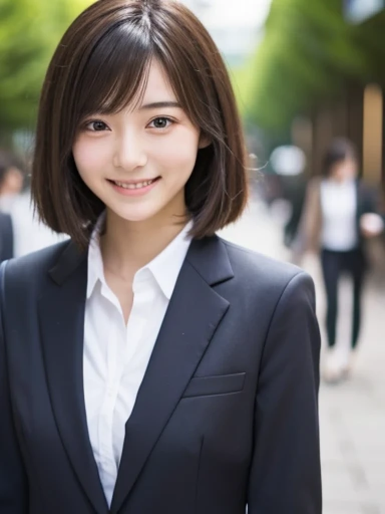 Japanese、18 year old girl、Very slim、((Smiling))、business suit、Business district、hort hair