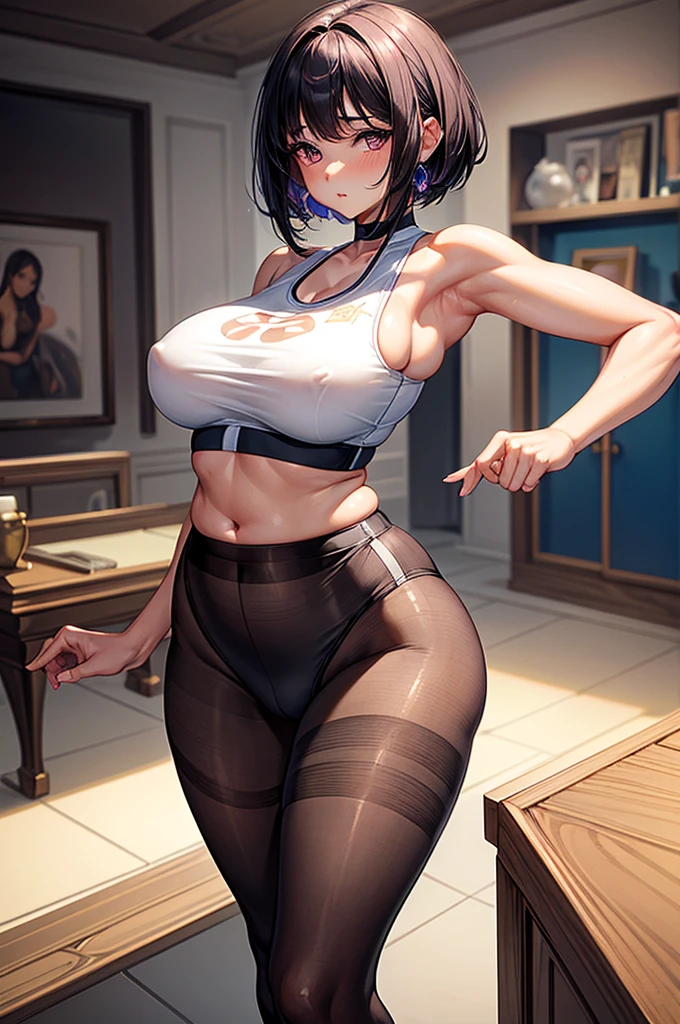 ((highest quality)),(ultra high resolution),(Super detailed),(detailed description),((best CG)),(best work of art),super precision art, great drawing art,(Art with precise details:1.5), (sleeveless sports bra with sheer waist high plain style pantyhose 1 woman:1.5), beautiful and well-shaped face:1.5,(Beautiful skin with precise and detailed depiction:1.6),(:1.5),provocative angle:1.6,gorgeous, beautiful young teenage girl, , lightly tanned white skin, short shoulder length hair, sleek dark violet-black hair, Pixie cut hair, big round velvet colored eyes, fringe bangs over forehead, oval shaped face, sharp facial features, high-bridged nose, full cherry pink lips. medium height(172cm). D-cup breasts, small narrow waist. small delicate curvy hips, smooth silky thick thighs, large round ass, hourglass figure, slim yet plump thick build, standing upright, full body picture, hip-level shot. classy and opulent bedroom setting