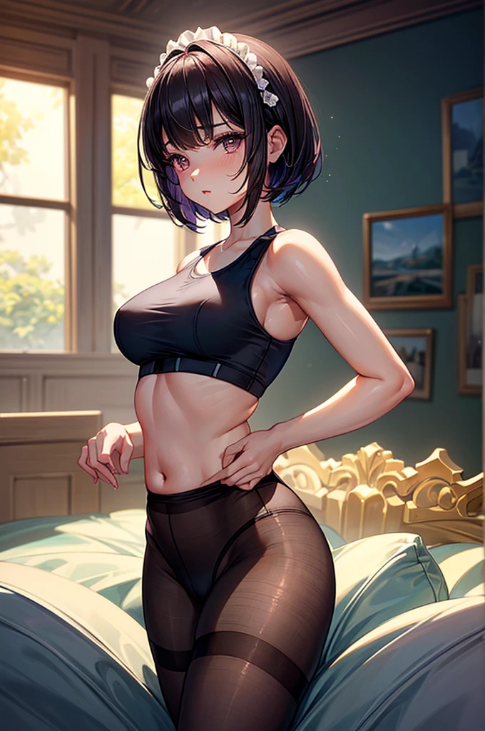 ((highest quality)),(ultra high resolution),(Super detailed),(detailed description),((best CG)),(best work of art),super precision art, great drawing art,(Art with precise details:1.5), (sleeveless sports bra with sheer waist high plain style pantyhose 1 woman:1.5), beautiful and well-shaped face:1.5,(Beautiful skin with precise and detailed depiction:1.6),(:1.5),provocative angle:1.6,gorgeous, beautiful young teenage girl, 13 years old, lightly tanned white skin, short shoulder length hair, sleek dark violet-black hair, Pixie cut hair, big round velvet colored eyes, fringe bangs over forehead, oval shaped face, sharp facial features, high-bridged nose, full cherry pink lips. medium height(172cm). D-cup breasts, small narrow waist. small delicate curvy hips, smooth silky thick thighs, large round ass, hourglass figure, slim yet plump thick build, standing upright, full body picture, hip-level shot. classy and opulent bedroom setting