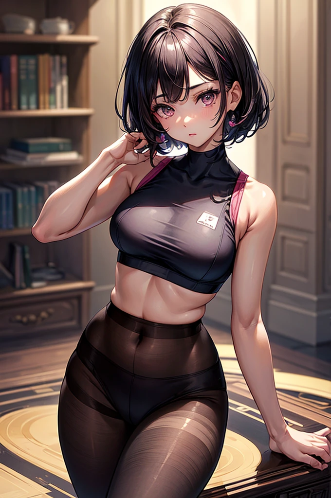 ((highest quality)),(ultra high resolution),(Super detailed),(detailed description),((best CG)),(best work of art),super precision art, great drawing art,(Art with precise details:1.5), (sleeveless sports bra with sheer waist high plain style pantyhose 1 woman:1.5), beautiful and well-shaped face:1.5,(Beautiful skin with precise and detailed depiction:1.6),(:1.5),provocative angle:1.6,gorgeous, beautiful young teenage girl, , lightly tanned white skin, short shoulder length hair, sleek dark violet-black hair, Pixie cut hair, big round velvet colored eyes, fringe bangs over forehead, oval shaped face, sharp facial features, high-bridged nose, full cherry pink lips. medium height(172cm). D-cup breasts, small narrow waist. small delicate curvy hips, smooth silky thick thighs, large round ass, hourglass figure, slim yet plump thick build, standing upright, full body picture, hip-level shot. classy and opulent bedroom setting