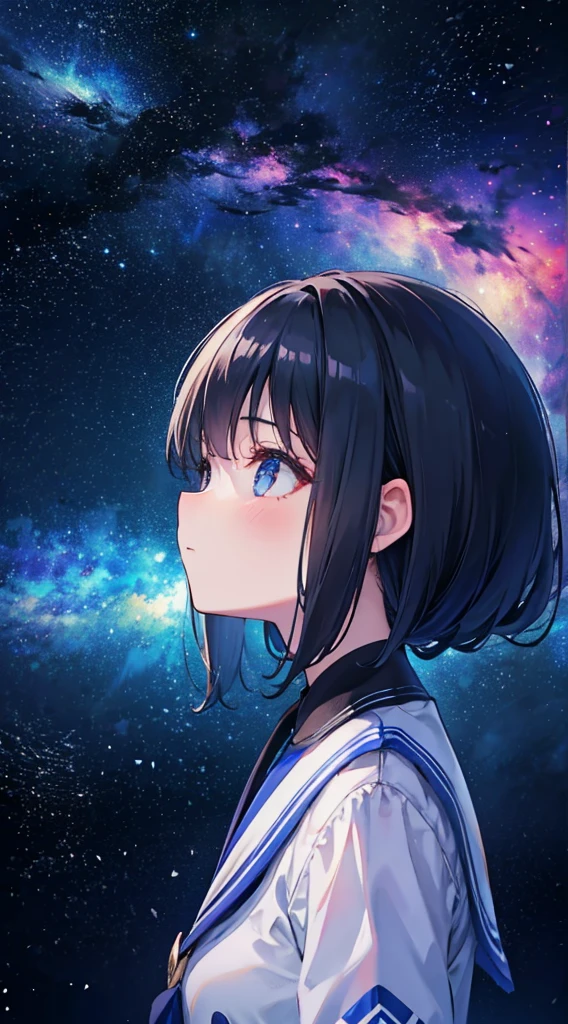 Girl staring at the stars，（Side view：1.4），Eyes in focus，Perfectcomposition，，8K，ultradetailed，tmasterpiece，Accurate，Detailed pubic hair，