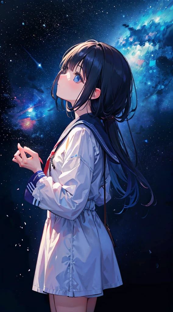 Girl staring at the stars,(Side view:1.4),Eyes in focus,Perfectcomposition,,8K,ultradetailed,tmasterpiece,Accurate,Detailed pubic hair,
