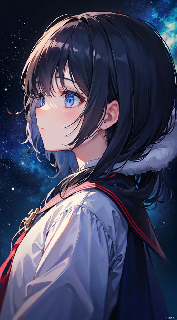 Girl staring at the stars,(Side view:1.4),Eyes in focus,Perfectcomposition,,8K,ultradetailed,tmasterpiece,Accurate,Detailed pubic hair,