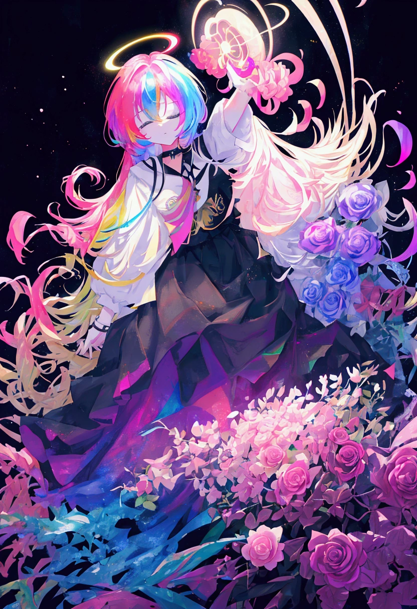 rainbow, galaxy goddess, galaxy aesthetic, black background, overwhelmingly bright, rainbow halo that covers eyes, glowing plasma body, no eyes, rainbow clothes, pink roses