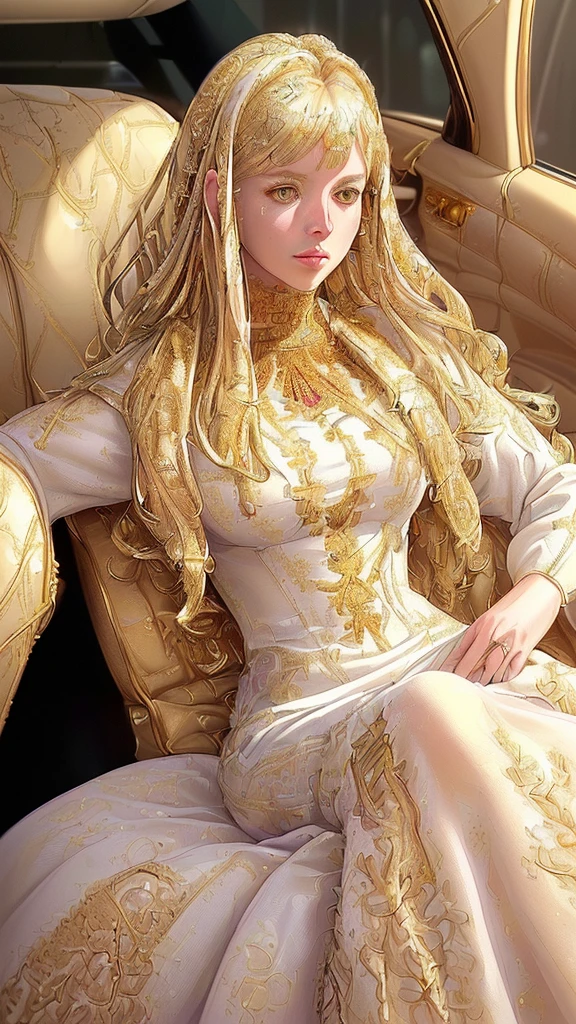 (masterpiece:1.2),(best quality:1.2),(8k,ultra-detailed,hyper-detailed:1.2),(photorealistic,photo-realistic:1.37),(woman:1.4),(white dress with gold embroidery:1.4),(golden hair scattered:1.4),(inside luxury car:1.6),(full body portrait:1.4),(highly detailed,intricate details,extremely detailed,sharp focus,studio lighting,vibrant colors,realistic textures,cinematic lighting)