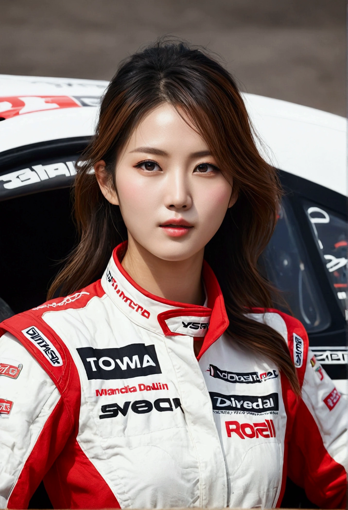 (Highly detailed body、Highly detailed face、Highest quality:1.2)、woman、Looking at the audience、(rally racer、womanドライバー)