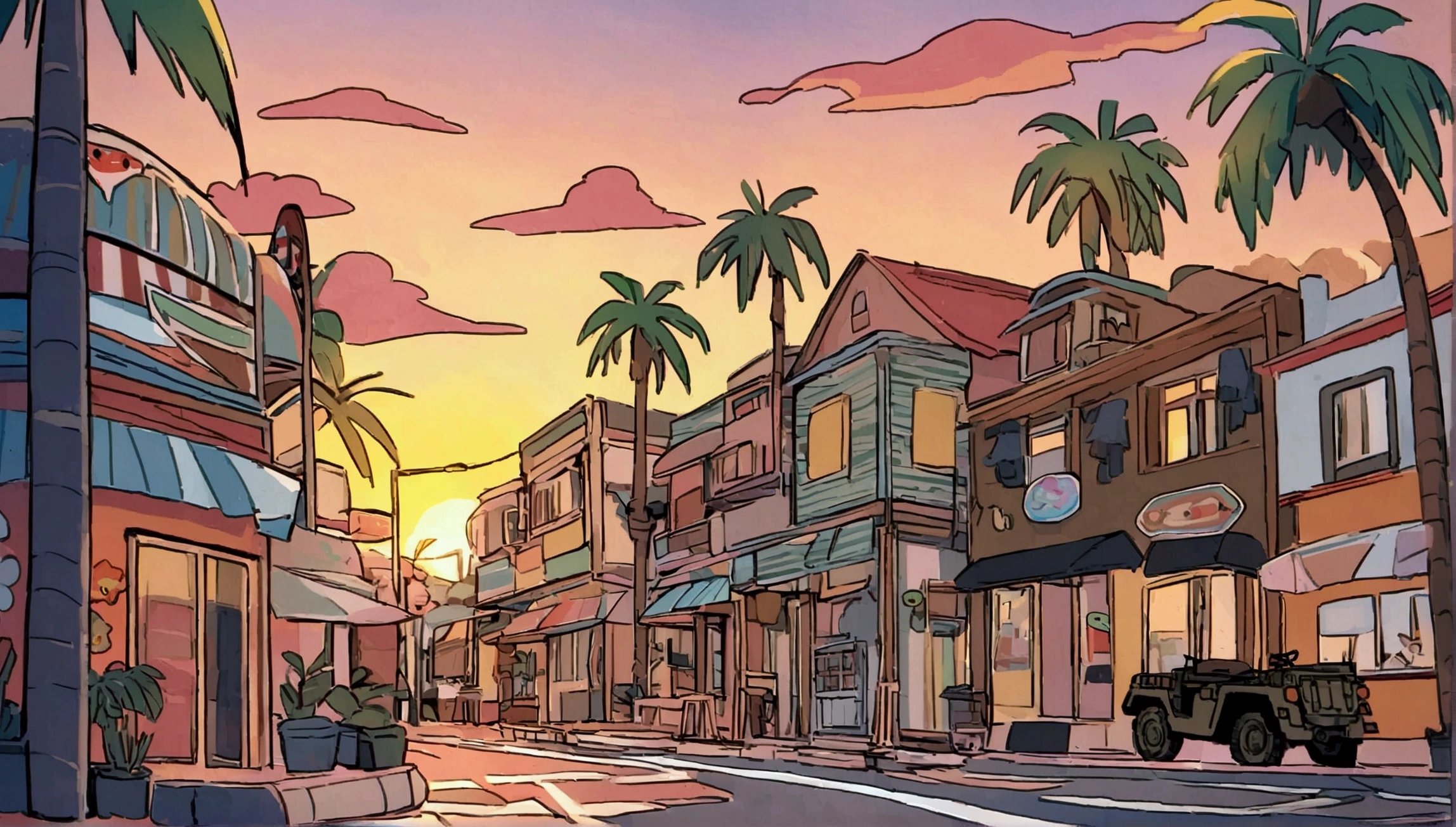 ((Sticker design)), Ford GPW, Sunset background, Palm tree, Layers with 5 colors, Corner Street, Belek's Drums, Plethean,