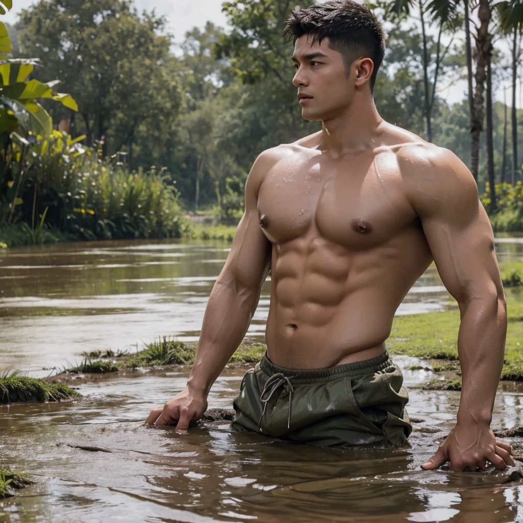 photorealistic,shirtless muscular man, wet body for highlights , half body in mud pit, struggling posture,