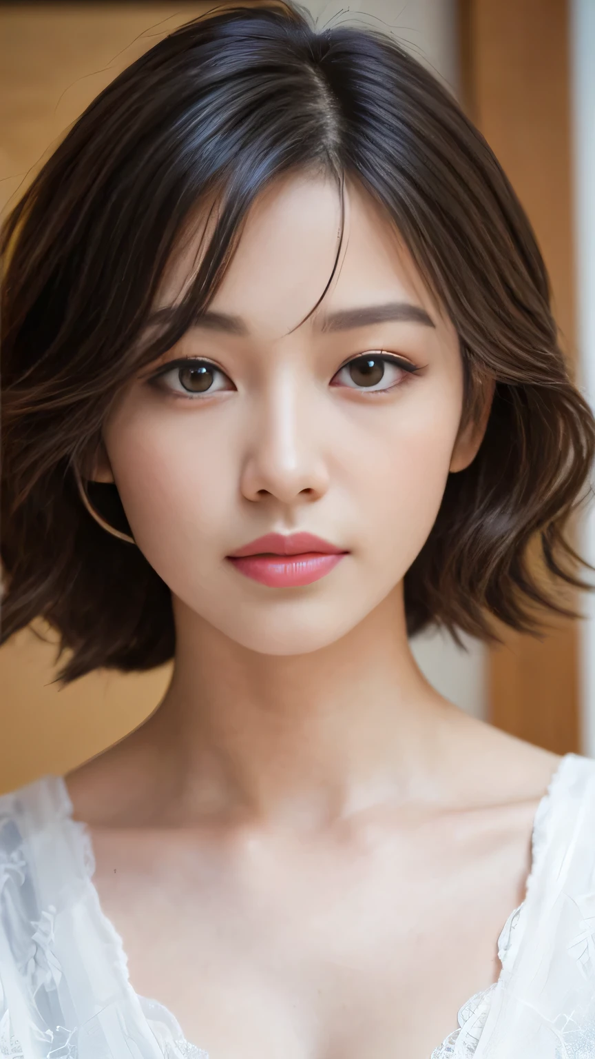 ((Highest quality, 8K, masterpiece, Portraiture: 1.3)), (Looking at the audience, Looking down),Realistic, Sharp focus, Beautiful Japanese Woman, Cowboy Shot、 25-year-old housewife、, Short wavy hair, ((Beautifully detailed skin)), ((double eyelid, eyelash, Lip gloss)), I'll be waiting at the entrance、Detailed face、Detailed eyes、Symmetrical eyes、