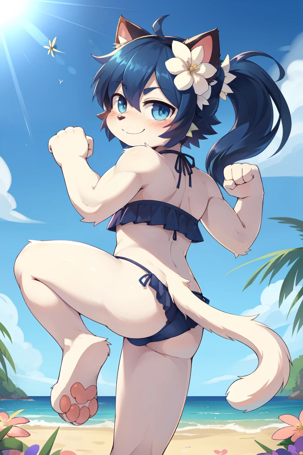 score_9,score_8_up,score_7_up, source_cartoon, source_furry, cat boy, cat tail, dark blue hair, hair over one eye, high long ponytail with volume,spike side hair, furry, blush, looking at viewer, smile, 1boy, cat ears, furry male, white body fur, ((flower on hair, dark blue strapless fringed bandeau bikini)), beach, clear sky, blush, looking at viewer, solo, anthro, cheek tuft, facial tuft, navel, full body, feets with three toes, 3 toes, ((fight pose, fist, back kick on viewer)), feet focus, pawpads,