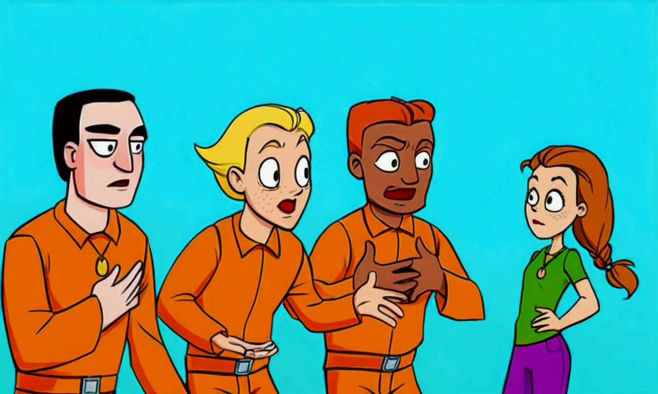 3 prisoners with orange clothes next to each other, looking at a girl in front with the same necklace as the first prisoner, in Disney animation style, high quality and well done lines