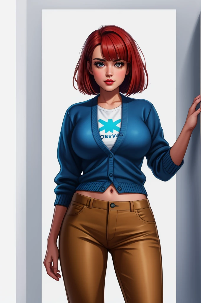 pretty woman, (1girl:1.3),
Cardigan,
Red hair,
Lob (long bob),
Trousers,
rubenesque, pinup,
cowboy shot, standing , in a retro-futuristic setting, atompunk style,
white background, blank background,, (Extremely Detailed Oil Painting:1.2), glow effects, godrays, Hand drawn, render, 8k, octane render, cinema 4d, blender, dark, atmospheric 4k ultra detailed, cinematic sensual, Sharp focus, humorous illustration, big depth of field, Masterpiece, colors, 3d octane render, 4k, concept art, trending on artstation, hyperrealistic, Vivid colors, extremely detailed CG unity 8k wallpaper, trending on ArtStation, trending on CGSociety, Intricate, High Detail, dramatic, absurdes