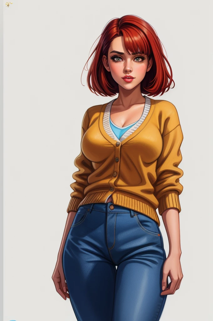 pretty woman, (1girl:1.3),
Cardigan,
Red hair,
Lob (long bob),
Trousers,
rubenesque, pinup,
cowboy shot, standing , in a retro-futuristic setting, atompunk style,
white background, blank background,, (Extremely Detailed Oil Painting:1.2), glow effects, godrays, Hand drawn, render, 8k, octane render, cinema 4d, blender, dark, atmospheric 4k ultra detailed, cinematic sensual, Sharp focus, humorous illustration, big depth of field, Masterpiece, colors, 3d octane render, 4k, concept art, trending on artstation, hyperrealistic, Vivid colors, extremely detailed CG unity 8k wallpaper, trending on ArtStation, trending on CGSociety, Intricate, High Detail, dramatic, absurdes