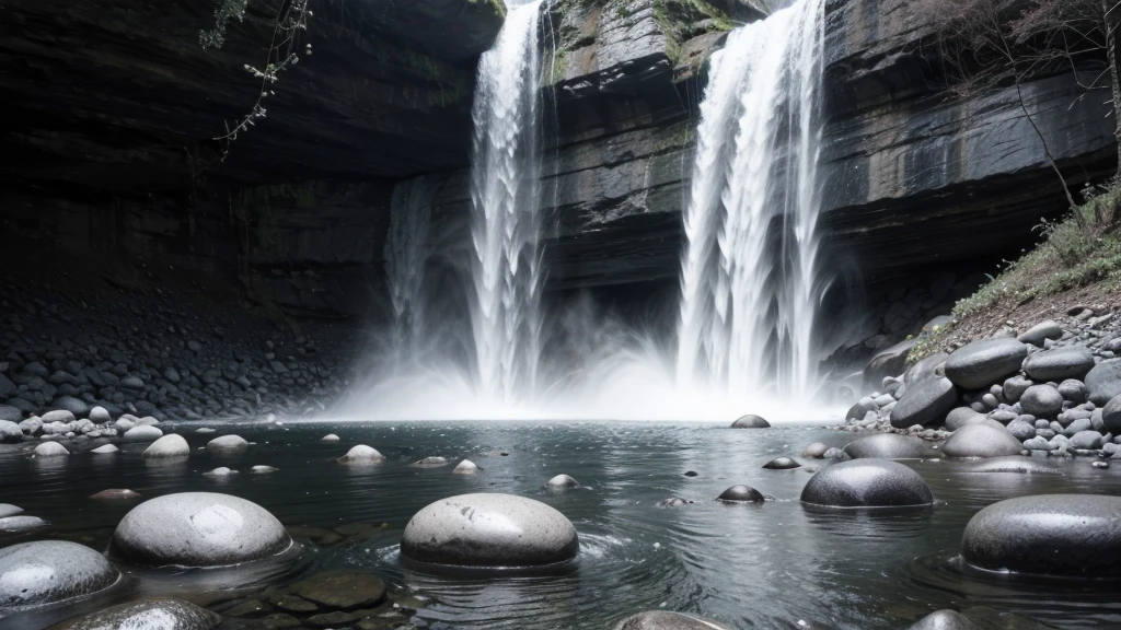 meditation stones at waterfall in black and white