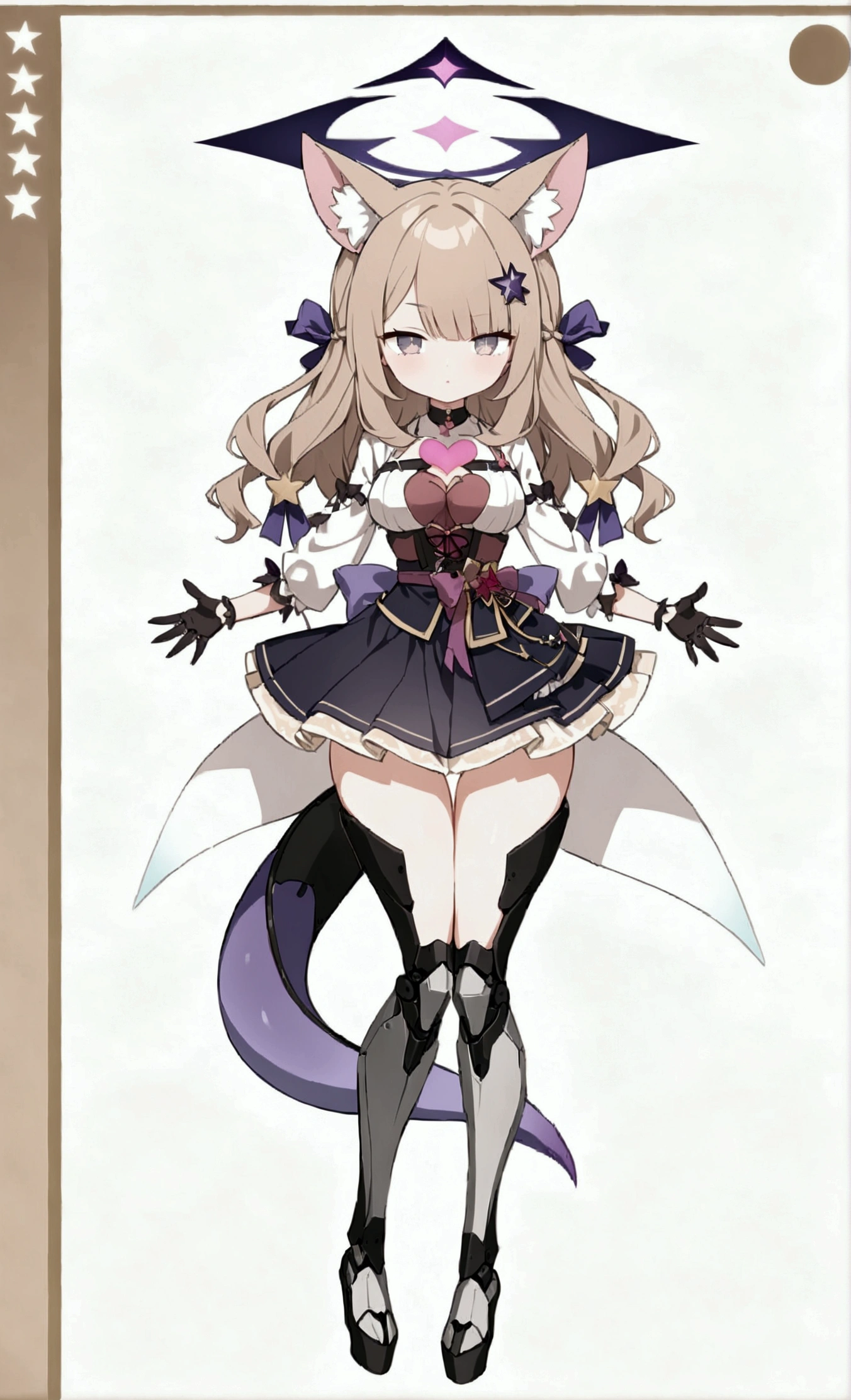 woman 170 cm tall. medium chest, wide hip, slim build, ((whole body)). (((character design sheet: front view))). (dark blonde hair, ((hip length wavy hair, asymmetrical bangs, star hairpin)), (She has a short braid tied with an elegant purple ribbon on the left side of her hair above her chest). (She has a short braid tied with an elegant purple ribbon on the right side of her hair above her chest). She has small hair ties in the back of her hair..). ((Gray eyes with a pink 4-pointed star in the pupil)). (Two black and purple fox ears located on the top of the head). (Luminous black halo with purple star patterns above his head). He has a black collar with a heart emblem on his neck.. (Elegant long one piece dress, thigh-length lace and ruffle skirt, ribbon decorations and star patterns on the dress). black gloves, Black platform heels. gray belt at the waist with a large ribbon with a luminous pink heart in the middle. ((He has a succubus tail that ends in the shape of a purple heart.)). (((It has complex mechanical legs that reach up to the thighs and are black with small purple details..))). beautiful detailed hair, beautiful detailed dress. extremely detailed arms. extremely detailed face, small face, Beautiful detailed eyes, beautiful detailed lips. adorable. extremely detailed legs. (Best Quality, 4k, high resolution), ultra detailed, Exquisite and epic character art, ((White background)). (Focus on symmetry).