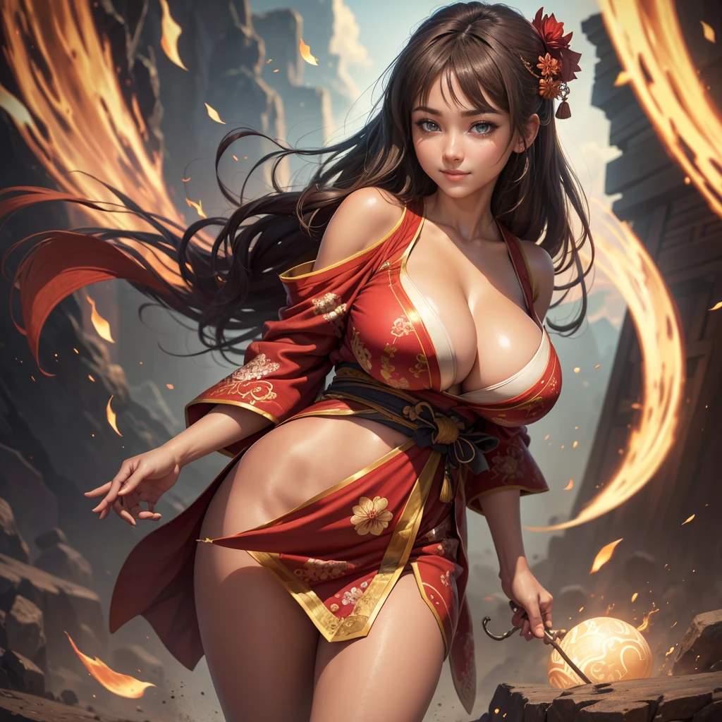 Highly detailed CG unit 8K wallpaper, masterpiece, High resolution, highest quality, highest quality real texture skin, Super Real, Digital Painting, Best image quality, 最High resolution, 8K, (((1 girl))), Very beautiful ager, ((Highly detailed eyes and face)), Beautiful eyes in every detail, Full Body Shot, beautiful kimonos, Red kimono, Japanese dress, Dazzling, chinese style embroidery, disproportionate breasts:1.5, huge breasts, (sideboobs), sagging breasts:1.5, gigantic breasts, Cleavage:1.5, ,((tanned skin)), smile, grin, Strong winds, typhoon, light brown hair,