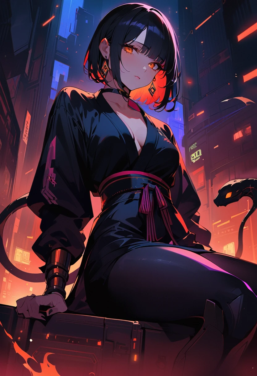 In a dimly lit, smoky cyberpunk club, a femme fatale cyborg sits solo, her mechanical joints gleaming in the flickering light. Her striking features, framed by short hair and bangs, are adorned with jewelry and a black choker. she pets a snake that gazes directly at the viewer. She wears a revealing seethrough kimono, paired with Japanese-style earrings, and holds a katana surrounded by the dark, gritty atmosphere. Her gaze is sultry, exuding an air of sexy sophistication, as if inviting the viewer to enter her world. The scene is set in a Conrad Roset-inspired style, with a focus on dark, muted tones and industrial textures.,core_9,scary, (masterpiece:1.2),ct-virtual,dcas_lora