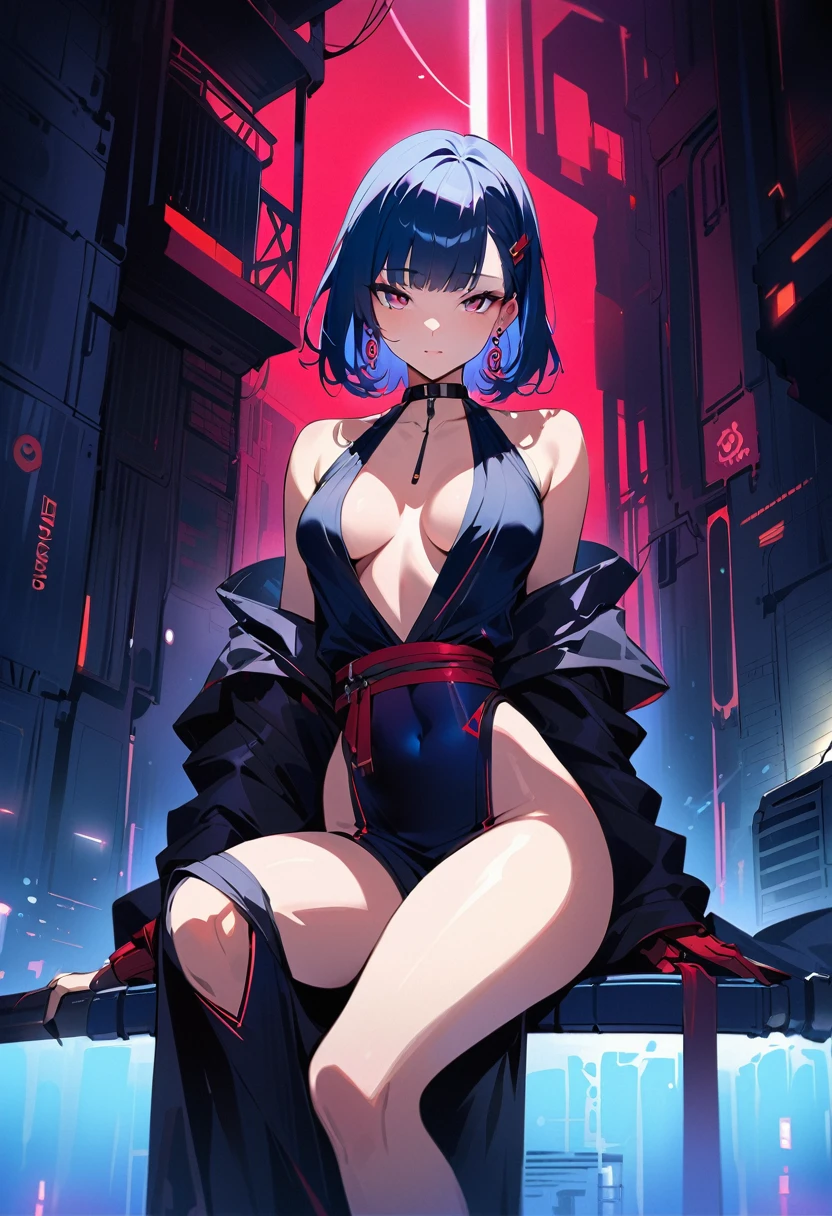 In a dimly lit, smoky cyberpunk club, a femme fatale cyborg sits solo, her mechanical joints gleaming in the flickering light. Her striking features, framed by short hair and bangs, are adorned with jewelry and a black choker. she pets a snake that gazes directly at the viewer. She wears a revealing seethrough kimono, paired with Japanese-style earrings, and holds a katana surrounded by the dark, gritty atmosphere. Her gaze is sultry, exuding an air of sexy sophistication, as if inviting the viewer to enter her world. The scene is set in a Conrad Roset-inspired style, with a focus on dark, muted tones and industrial textures.,core_9,scary, (masterpiece:1.2),ct-virtual,dcas_lora