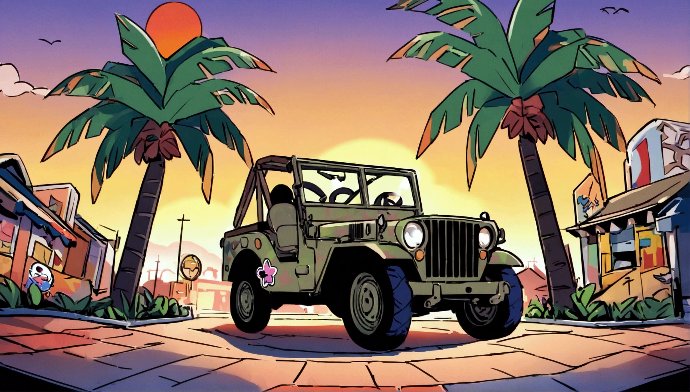 ((Sticker design)), Ford GPW, Sunset background, Palm tree, Layers with 5 colors, Corner Street, Belek&#39;s Drums, Plethean, 