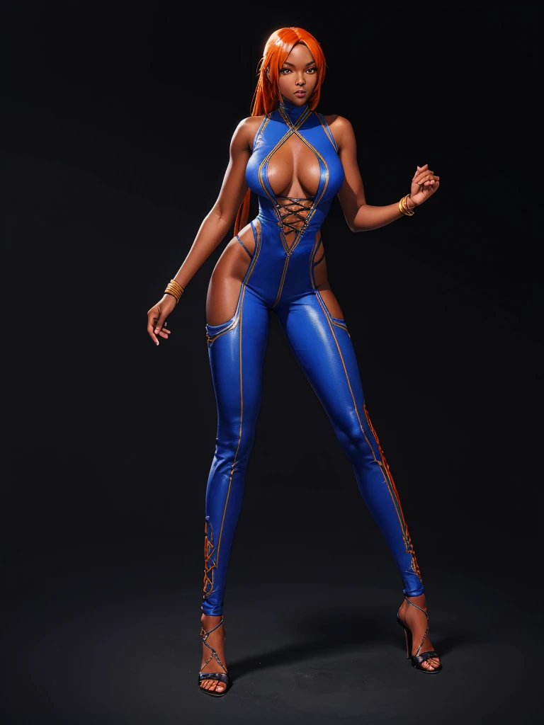 ((best quality)), ((4k)), ((highres)), ((masterpiece:1.2)). ((detailed)), ((ultra realistic)), ((intricate details)), ((full body picture)), ((solo character)), a full body picture of a beautifull Ebony skinned female, black woman, dark skin, ebony princess, ebony model, perfect face, detailed eyes, detailed lips, about 25 years old, about 5'7 ft. tall, long thin dreadlocks down to her hips, ((emphasis on her long thin dreadlocks down to her hips)), pretty, feminine woman, toned body but not too muscular looking, hourglass figure, dressed in a skin-tight sleeveless full body orange jumpsuit, ((emphasis on the skin-tight sleeveless full body orange jumpsuit)), gold adornments, showing cleavage, glamorous, strappy lace up high, fighting game character concept art, tekken character design, the king of fighters character concept, full bofy, full body concept art, full body art